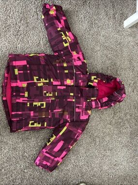 Pulse Girls' Maroon Jacket with Pink & Lime Geometric Print